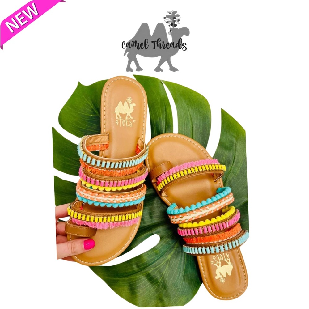 Pink and Yellow Bohemian Sandals with Colorful Straps